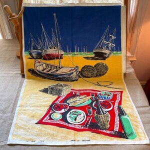 1950s Lamont Large Irish Linen Tea Towel - Mediterranean Picnic Scene